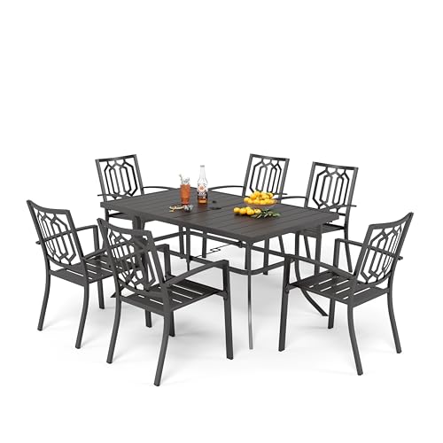 PHI VILLA Gartenmöbel 6 stühle mit Tisch Set Wetterfest Gartengarnitur Set 6 Personen mit Stapelbare Stühle und Rechteckig Esstisch mit 4cm Schirmloch Terrassen Outdoor Bistro Möbel Sets Metall von PHI VILLA