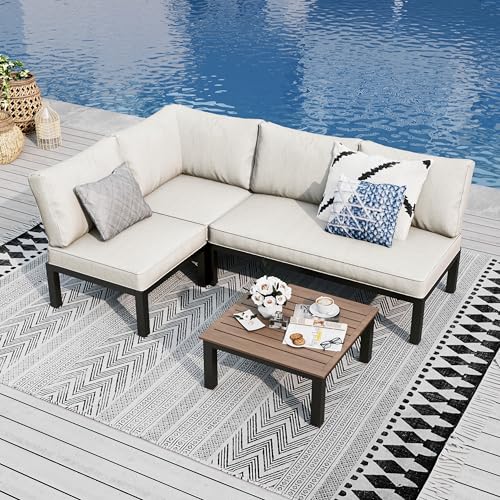 PHI VILLA Gartenmöbel Balkonmöbel Set 4 Teilig, Metall Lounge Möbel Outdoor Gartenlounge Set 4-Sitzer, Terrassenmöbel Modulare Möbel mit Verstärkten Kissen und Kaffeetisch, Beige von PHI VILLA