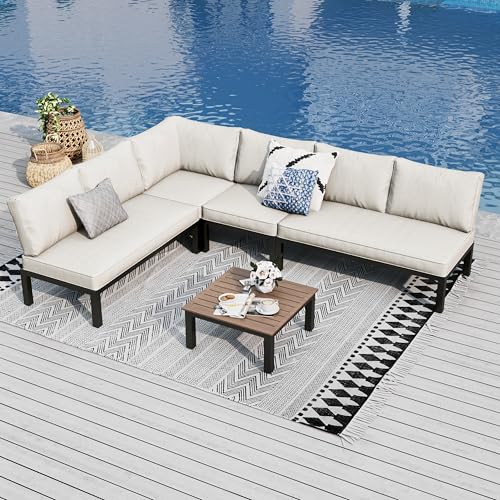 PHI VILLA Gartenmöbel Balkonmöbel Set 5 Teilig, Metall Lounge Möbel Outdoor Gartenlounge Set 6-Sitzer, Terrassenmöbel Modulare Möbel mit Verstärkten Kissen und Kaffeetisch, Beige PHI VILLA Gartenmöbel Balkonmöbel Set 5 Teilig, Metall Lounge Möbel Outdoor Gartenlounge Set 6-Sitzer, Terrassenmöbel Modulare Möbel mit Verstärkten Kissen und Kaffeetisch, Beige von PHI VILLA