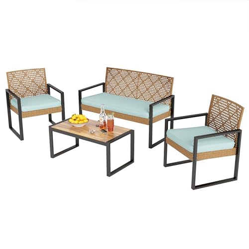 PHI VILLA Gartenmöbel Balkonmöbel Set mit 1 x 2-Sitzer Sofa, 2 x Sessel und 1 x Tisch, 4 Personen Outdoor Lounge Möbel Gartensofa. Wetterfest Rattan Balkon Lounge für Terrasse, Minzgrün und Gelb von PHI VILLA