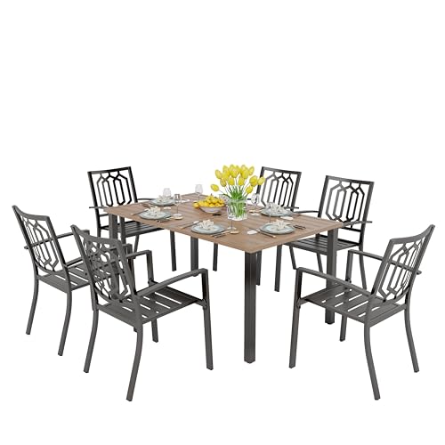 PHI VILLA Gartenmöbel Set 6 Stühle mit Tisch Metall Stapelbare Stühle Platz Sparen 152x91x73cm Teakfarbener Garten Esstisch mit 4cm Schirmloch Terrasse Balkon Gartengarnitur Wetterfest von PHI VILLA