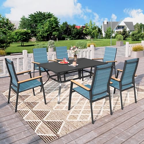 PHI VILLA Gartenmöbel Set Balkon Outdoor Esstisch mit 6 Stühlen und 1 Rechteckig Metall Gartentisch, 7-teiliges Gartenset Tisch und Stühle für 6, Wetterfest Patio Dining Table Set für Veranda, Blau von PHI VILLA