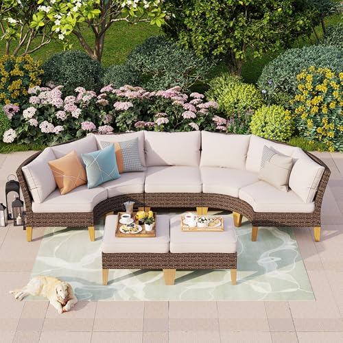 PHI VILLA Gartenmöbel Set Balkonmöbel 4 Stück, Rattan Lounge Möbel Outdoor Gartenlounge Set 7-Sitzer, Halbmond Terrassenmöbel Modulare Möbel mit Verstärkten Kissen, Braun & Beige von PHI VILLA