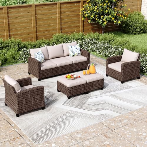PHI VILLA Gartenmöbel Set Balkonmöbel 5 Stück, Rattan Lounge Möbel Outdoor Gartenlounge Set 7-Sitzer, Terrassenmöbel Modulare Möbel mit Verstärkten Kissen, Beige von PHI VILLA