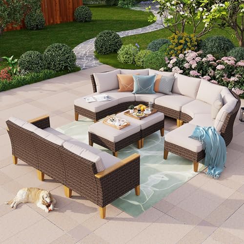 PHI VILLA Gartenmöbel Set Balkonmöbel 6 Stück, Rattan Lounge Möbel Outdoor Gartenlounge Set 12-Sitzer, Halbmond Terrassenmöbel Modulare Möbel mit Verstärkten Kissen, Braun & Beige von PHI VILLA