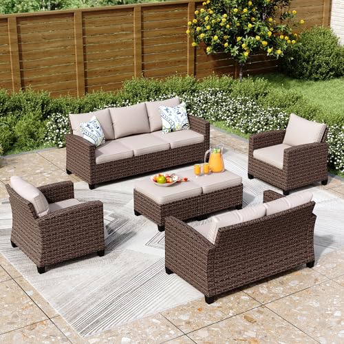 PHI VILLA Gartenmöbel Set Balkonmöbel 6 Stück, Rattan Lounge Möbel Outdoor Gartenlounge Set 9-Sitzer, Terrassenmöbel Modulare Möbel mit Verstärkten Kissen, Beige von PHI VILLA