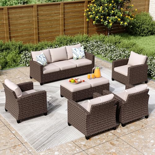 PHI VILLA Gartenmöbel Set Balkonmöbel 7 Stück, Rattan Lounge Möbel Outdoor Gartenlounge Set 9-Sitzer, Terrassenmöbel Modulare Möbel mit Verstärkten Kissen, Beige von PHI VILLA