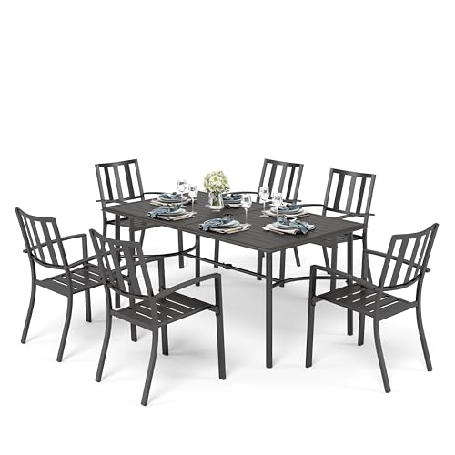 PHI VILLA Gartenmöbel Set Metall E-Coating Gartentisch mit Stapelbaren Stühle Set Rechteckiger Metall-Esstisch mit Schirmloch und 6 Gartenstühlen für Terrasse, Deck, Hof, Veranda Schwarz von PHI VILLA