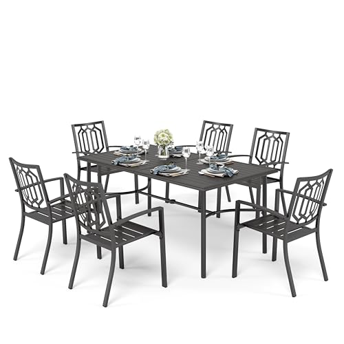 PHI VILLA Gartenmöbel Set Metall Wetterfest Gartentisch mit Stühle 6er Set Terrassen Outdoor Bistro Garten Möbel Sets Metall Garten Sitzgruppe Stapelbare Stühle Gartentisch mit 4cm Schirmloch von PHI VILLA