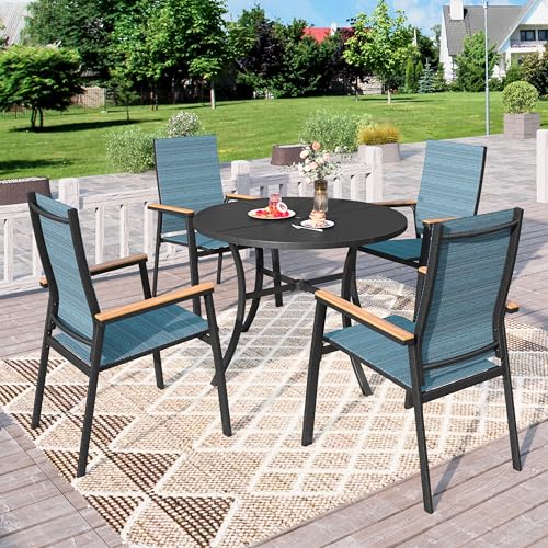 PHI VILLA Gartenmöbel Set Outdoor Balkon Esstisch mit 4 Stühlen und 1 Rund Metall Gartentisch, 5-teiliges Gartenset Tisch und Stühle für 4, Wetterfest Patio Dining Table Set für Veranda, Blau von PHI VILLA