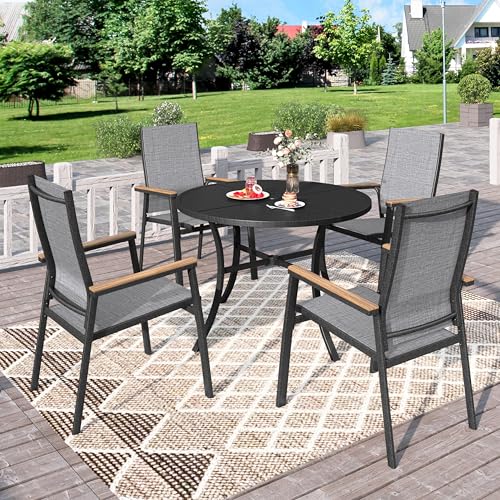 PHI VILLA Gartenmöbel Set Outdoor Balkon Esstisch mit 4 Stühlen und 1 Rund Metall Gartentisch, 5-teiliges Gartenset Tisch und Stühle für 4, Wetterfest Patio Dining Table Set für Veranda, Grau von PHI VILLA