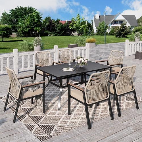 PHI VILLA Gartenmöbel Set Outdoor Balkon Esstisch mit 6 Rattan Stühlen und 1 Rechteckig Metall Gartentisch, 7-teiliges Gartenset Tisch und Stühle für 6, Patio Dining Table Set für Hinterhof Veranda von PHI VILLA