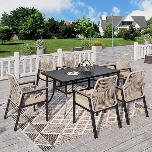 PHI VILLA Gartenmöbel Set Outdoor Balkon Esstisch mit 6 Rattan Stühlen und 1 Rechteckig Metall Gartentisch, 7-teiliges Gartenset Tisch und Stühle für 6, Patio Dining Table Set für Hinterhof Veranda von PHI VILLA