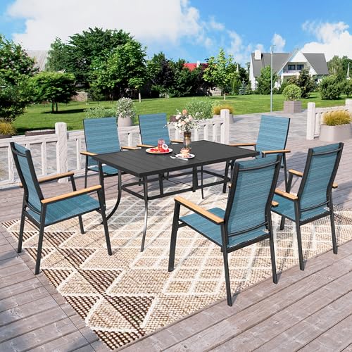 PHI VILLA Gartenmöbel Set Outdoor Balkon Esstisch mit 6 Stühlen und 1 Rechteckig Metall Gartentisch, 7-teiliges Gartenset Tisch und Stühle für 6, Wetterfest Patio Dining Table Set für Veranda, Blau von PHI VILLA