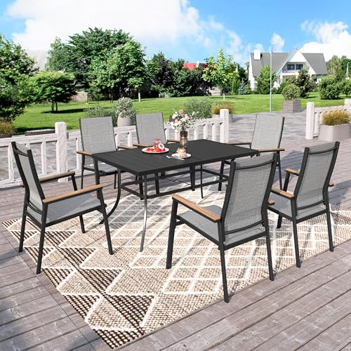 PHI VILLA Gartenmöbel Set Outdoor Balkon Esstisch mit 6 Stühlen und 1 Rechteckig Metall Gartentisch, 7-teiliges Gartenset Tisch und Stühle für 6, Wetterfest Patio Dining Table Set für Veranda, Grau von PHI VILLA