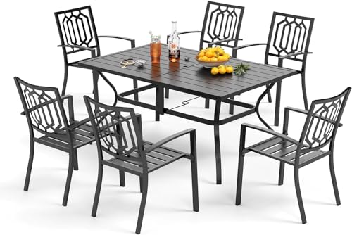 PHI VILLA Gartenmöbel Set Wetterfest 7-teilig mit rechteckigem Tisch und 6 Outdoor Stapelbare Gartenstühlen Terrassen Outdoor Bistro Garten Möbel Sets Metall Schwarz von PHI VILLA
