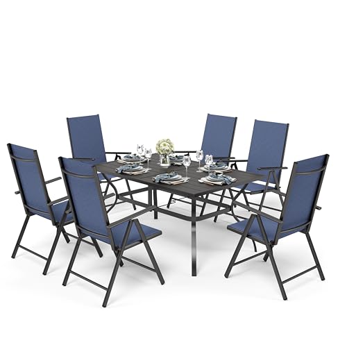 PHI VILLA Gartenmöbel Set Wetterfest Balkonmöbel Gartentisch mit Stühlen152×95 Metall Gartentisch 7-Fach Verstellbar Hochlehner Klappbar Sets of 6, Terassenmöbel Außen Grau von PHI VILLA
