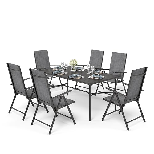 PHI VILLA Gartenmöbel Set Wetterfest Gartentisch mit Stühlen 6 Personen Metall Gartentisch mit 7-Fach Verstellbar Hochlehner Klappbar Aluminium Gartenstühle Set 6, Terassenmöbel Außen Grau von PHI VILLA