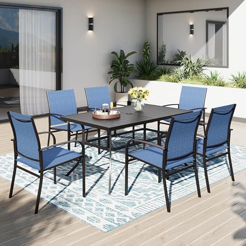 PHI VILLA Gartenmöbel Set Wetterfest Outdoor Möbel mit 6 x Blau Textilene-Esszimmerstühle Schwarzer Rechteckiger Metall-Esstisch für Terrasse, Deck, Hof, Bistro von PHI VILLA