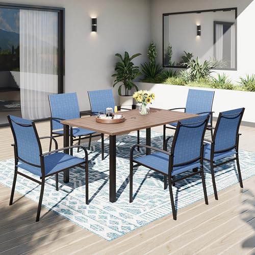 PHI VILLA Gartenmöbel Set Wetterfest für 6 Personen Outdoor Terrassenmöbel Set mit 6 x Blau Textilene-Esszimmerstühle mit Teakfarbenem Esstisch PHI VILLA Gartenmöbel Set Wetterfest für 6 Personen Outdoor Terrassenmöbel Set mit 6 x Blau Textilene-Esszimmerstühle mit Teakfarbenem Esstisch von PHI VILLA