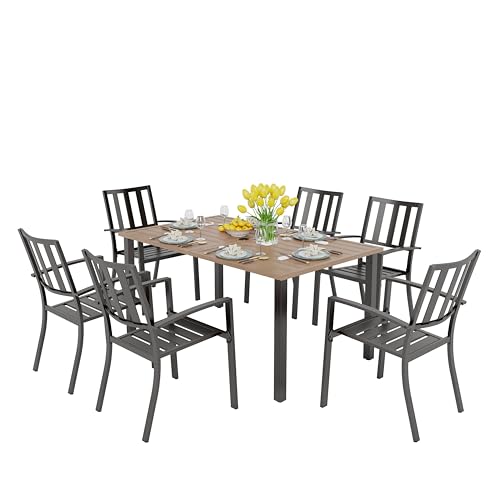 PHI VILLA Gartenmöbel Set mit Teakfarbener Gartentisch und 6 Stapelbare Stühle 152x91x73cm Metall Tisch mit 4cm Schirmloch Modern Terrasse Balkon Möbelsets Sitzgruppe von PHI VILLA