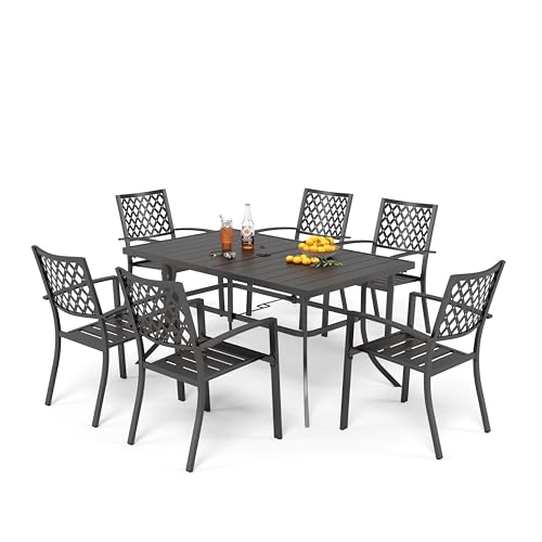 PHI VILLA Gartenmöbel Sets Metall für 6 Personen, Gartentisch und Stühle 7er Set, Rechteckiger Metall-Esstisch mit Schirmloch und 6 Stapelbare Terrasse Stühlen für Terrasse, Deck, Hof, Veranda von PHI VILLA