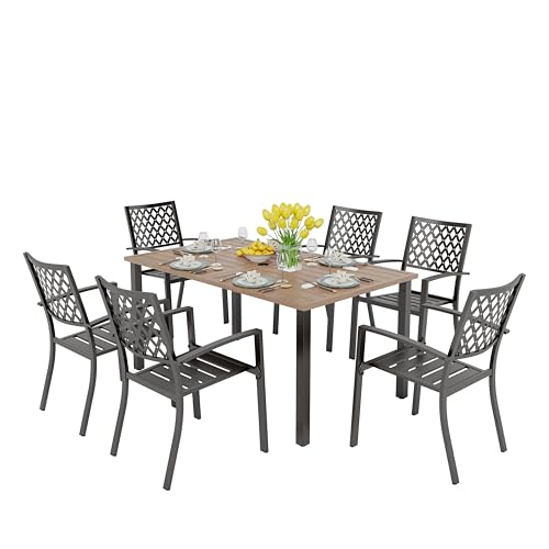 PHI VILLA Gartentisch mit 6 Stühlen Set Teakfarbener Gartentisch 6 mit 4cm Schirmloch und Stapelbare Stühle Metall Gartenmöbel Modern Terrasse Balkon Gartengarnitur Sitzgruppe für 6 Personen von PHI VILLA