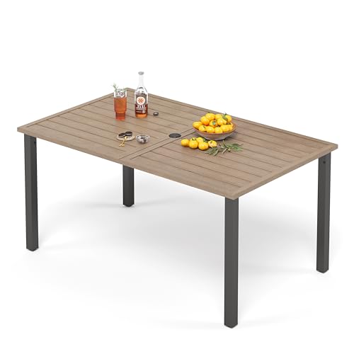 PHI VILLA Gartentisch mit Schirmloch Terrassentisch Gartentische Wetterfester 152x92x73cm Rechteckiger Outdoor Tisch mit Holzähnlicher Metall Tischplatte 4cm Schirmloch für Terrasse Bistro Garten von PHI VILLA