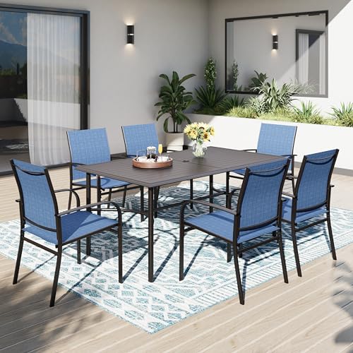 PHI VILLA Gartentisch mit Stühlen Garten Sitzgruppe mit 6 x Blau Textilene-Esszimmerstühle Schwarzer Rechteckiger Metall-Esstisch für Terrasse, Deck, Hof, Bistro von PHI VILLA