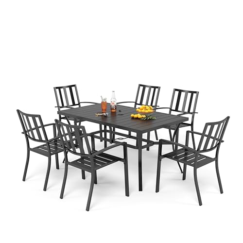 PHI VILLA Metall Gartenmöbel Set 6 Stühle mit Tisch Rechteckig Garten Esstisch mit 4cm Schirmloch und 4 Stapelbare Stühle Platz Sparen für Terrasse Balkon von PHI VILLA