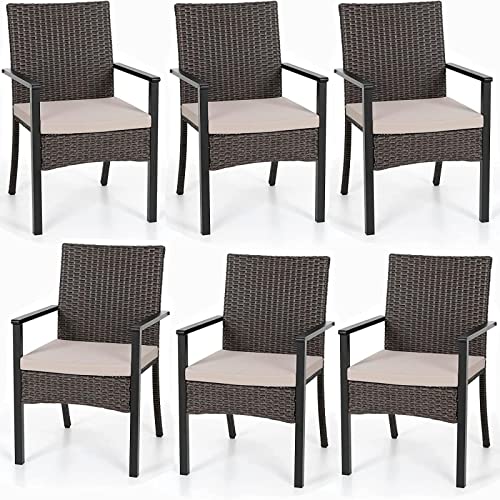 PHIVILLA Outdoor Wicker Chairs Set von 6, Rattan bedeckt Metall Sessel mit abnehmbarem Kissen, Heavy Duty Möbel Set für Patio, Deck, Veranda, Yard von PHIVILLA