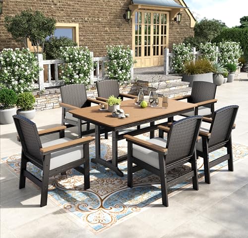 PHI VILLA 7-teiliges Rattan Gartenmöbel Set mit Esstisch und 6 Stühlen, Gartentisch Wetterfest und Gartenstuhl mit Dickerem Kissen, Outdoor Balkonmöbel Set für 6 von PHI VILLA