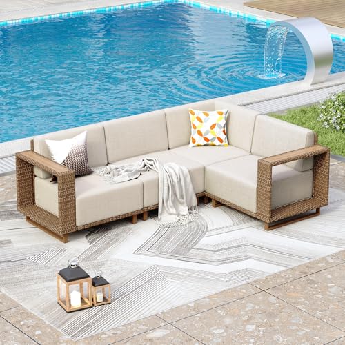 PHI VILLA Rattan Gartenmöbel Set Balkonmöbel für 4, Lounge Möbel Outdoor Sofa Sets für Garten und Terrasse, Allwetter Gartensofa Terassenmöbel Außen mit Dicken Weißen Kissen und Ergonomischem Design PHI VILLA Rattan Gartenmöbel Set Balkonmöbel für 4, Lounge Möbel Outdoor Sofa Sets für Garten und Terrasse, Allwetter Gartensofa Terassenmöbel Außen mit Dicken Weißen Kissen und Ergonomischem Design von PHI VILLA