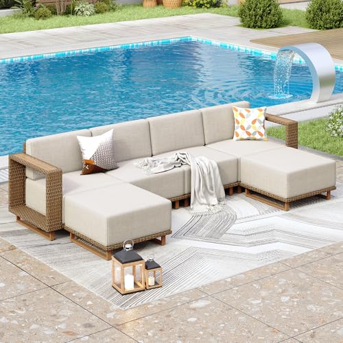 PHI VILLA Rattan Gartenmöbel Set Balkonmöbel für 6, Lounge Möbel Outdoor Sofa Sets für Garten und Terrasse, Allwetter Gartensofa Terassenmöbel Außen mit Dicken Weißen Kissen und Ergonomischem Design von PHI VILLA