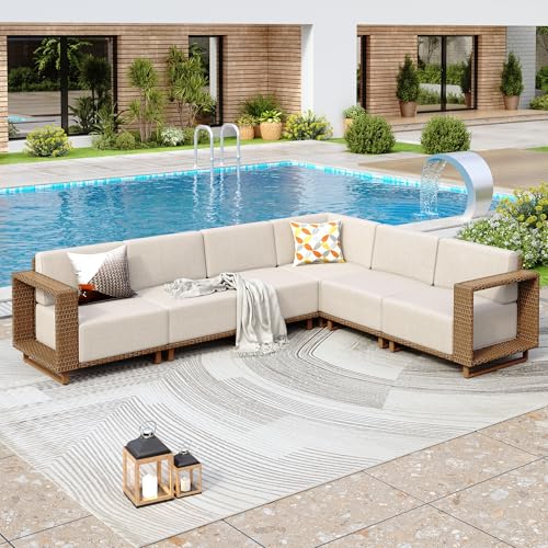 PHI VILLA Rattan Gartenmöbel Set Balkonmöbel für 6, Lounge Möbel Outdoor Sofa Sets für Garten und Terrasse, Allwetter Gartensofa Terassenmöbel Außen mit Dicken Weißen Kissen und Ergonomischem Design von PHI VILLA