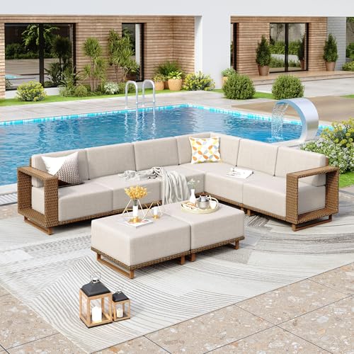 PHI VILLA Rattan Gartenmöbel Set Balkonmöbel für 8, Lounge Möbel Outdoor Sofa Sets für Garten und Terrasse, Allwetter Gartensofa Terassenmöbel Außen mit Dicken Weißen Kissen und Ergonomischem Design von PHI VILLA