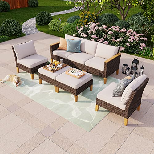 PHI VILLA Rattan Gartenmöbel Set für 5-7 Personen Gartenlounge Gartensofa Sitzgruppe Terrasse Outdoor Balkon Lounge Möbel Set Hocker Ottomane mit Sitzkissen Wetterfest von PHI VILLA