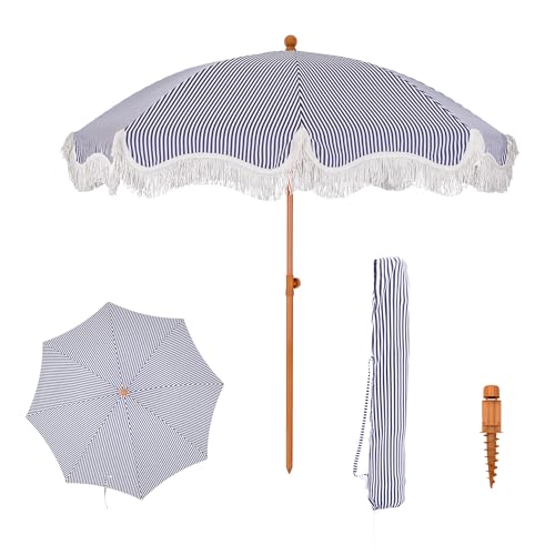 PHI VILLA Sonnenschirm Balkon Sonnenschutz 200 cm Knickbar Rund mit Fransen, Boho Strandschirm Garten Windbeständig Sonnenschirme Balkonschirm mit Erdspieß für Terrasse, UPF 50+, Blaue mit Streifen PHI VILLA Sonnenschirm Balkon Sonnenschutz 200 cm Knickbar Rund mit Fransen, Boho Strandschirm Garten Windbeständig Sonnenschirme Balkonschirm mit Erdspieß für Terrasse, UPF 50+, Blaue mit Streifen von PHI VILLA