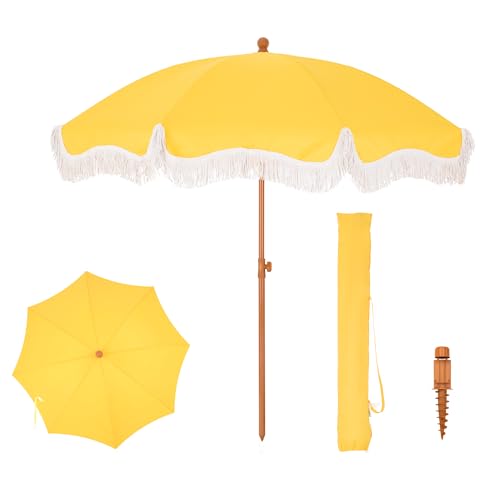 PHI VILLA Sonnenschirm Balkon Sonnenschutz 200 cm Knickbar Rund mit Fransen, Boho Strandschirm Garten Windbeständig Sonnenschirme Balkonschirm mit Erdspieß für Terrasse, UPF 50+, Gold von PHI VILLA