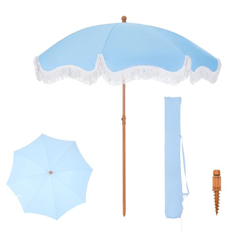 PHI VILLA Sonnenschirm Balkon Sonnenschutz 200 cm Knickbar Rund mit Fransen, Boho Strandschirm Garten Windbeständig Sonnenschirme Balkonschirm mit Erdspieß für Terrasse, UPF 50+, Himmelblau von PHI VILLA