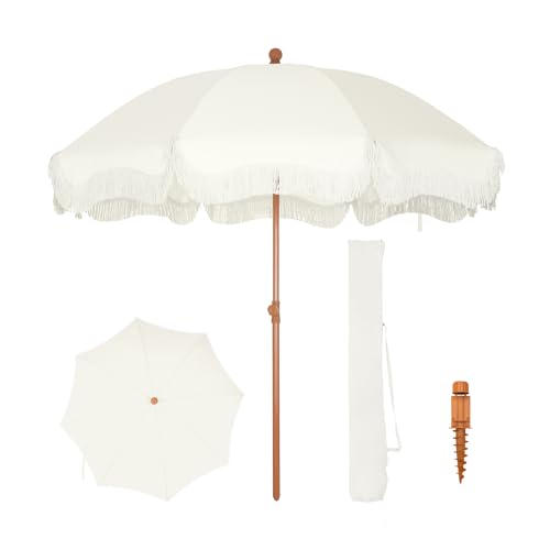 PHI VILLA Sonnenschirm Balkon Sonnenschutz 200 cm Knickbar Rund mit Fransen, Boho Strandschirm Garten Windbeständig Sonnenschirme Balkonschirm mit Erdspieß für Terrasse, UPF 50+, Milchweiß von PHI VILLA