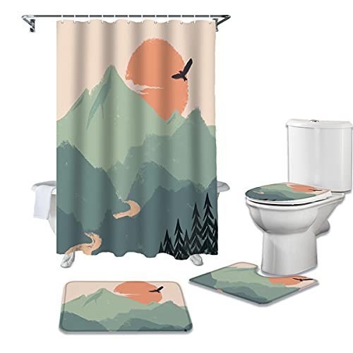 PHICON 4-teiliges Duschvorhang-Set, Badezimmer-Duschvorhang, Bergwasser, Sonnenaufgang, Adler, Wald, Toilettendeckel, Badematte, wasserdichtes Duschvorhang-Set, 180 x 180 cm von PHICON