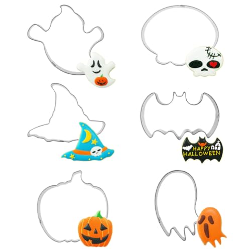 Halloween-Fondant-Formen, Edelstahl-Halloween-Keksformen-Set, Kürbis-, Fledermaus-, Geist-, Hexenhut- und Totenkopfform von PHIEZC