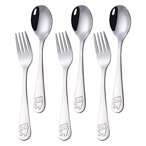 PHIEZC 6 Stück Kinder Besteck Set 18/10 Edelstahl,3 Stück Suppenlöffel+3 Stück Dessertgabeln,Gabeln Löffel Set,Baby Löffel Gabel,Bärenmuster,16.5cm von PHIEZC