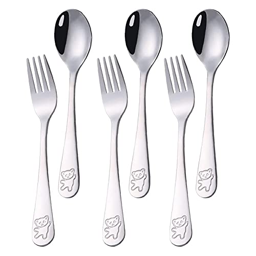 6 Stück Kinder Besteck Set 18/10 Edelstahl,3 Stück Suppenlöffel+3 Stück Dessertgabeln,Gabeln Löffel Set,Baby Löffel Gabel,Bärenmuster,16.5cm von PHIEZC