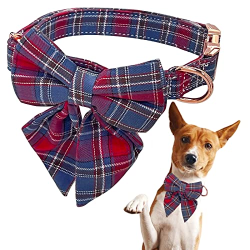 Personalisiert klassisch Kariert Hundehalsband Weihnachts mit Groß Schleife Plaid Fliege und Metallschnalle D-Ringe,Tractive Verstellbar Pet Halsband Weiches Tuch mit Schottenkaro Krawatte von PHIEZC