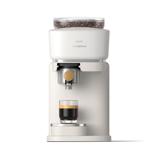 Philips Baristina Espressomaschine - Real Espresso, made simple. Kompakte Kaffeemaschine, Naturweiß mit Eschenholz-Siebträger, 16-bar-Pumpendruck, automatisches Mahlwerk, Cafe Crema (BAR302/20) von PHILIPS