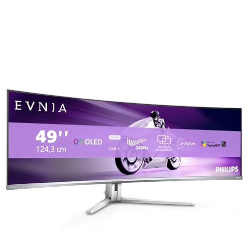 PHILIPS Evnia 49M2C8900AM - 49 Zoll DQHD OLED Curved Gaming Monitor, 240 Hertz, 0,03ms GtG, HDR400, Ambiglow (5120x1440, HDMI 2.1, DisplayPort 1.4, USB-C, USB Hub) Weiss von PHILIPS