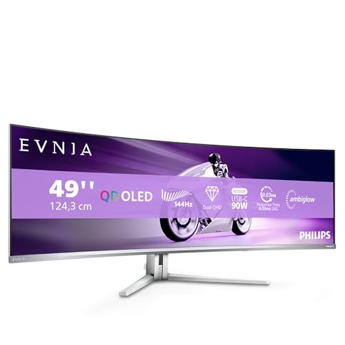 Philips Evnia 49M2C8900LA - 49 Zoll DQHD OLED Curved Gaming Monitor, 144 Hertz, 0,03ms GtG, HDR400, Ambiglow (5120x1440, HDMI 2.1, DisplayPort 1.4, USB-C, USB Hub) Weiss von PHILIPS