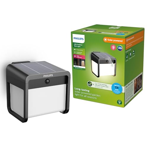 PHILIPS Ezra ultraeffiziente Solar-Wandleuchte für den Außenbereich mit Sensor, 3000K weißes Licht, 250/25lm, Schwarz von PHILIPS
